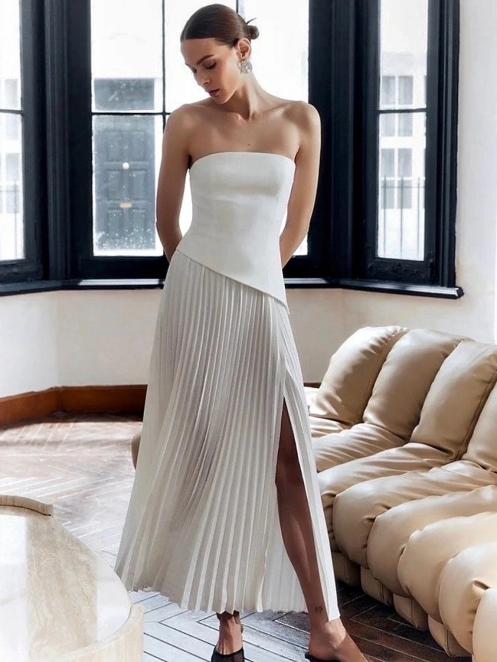 COMMENSE Solid Pleated Strapless Split Dress Pleated Strapless Maxi Dress